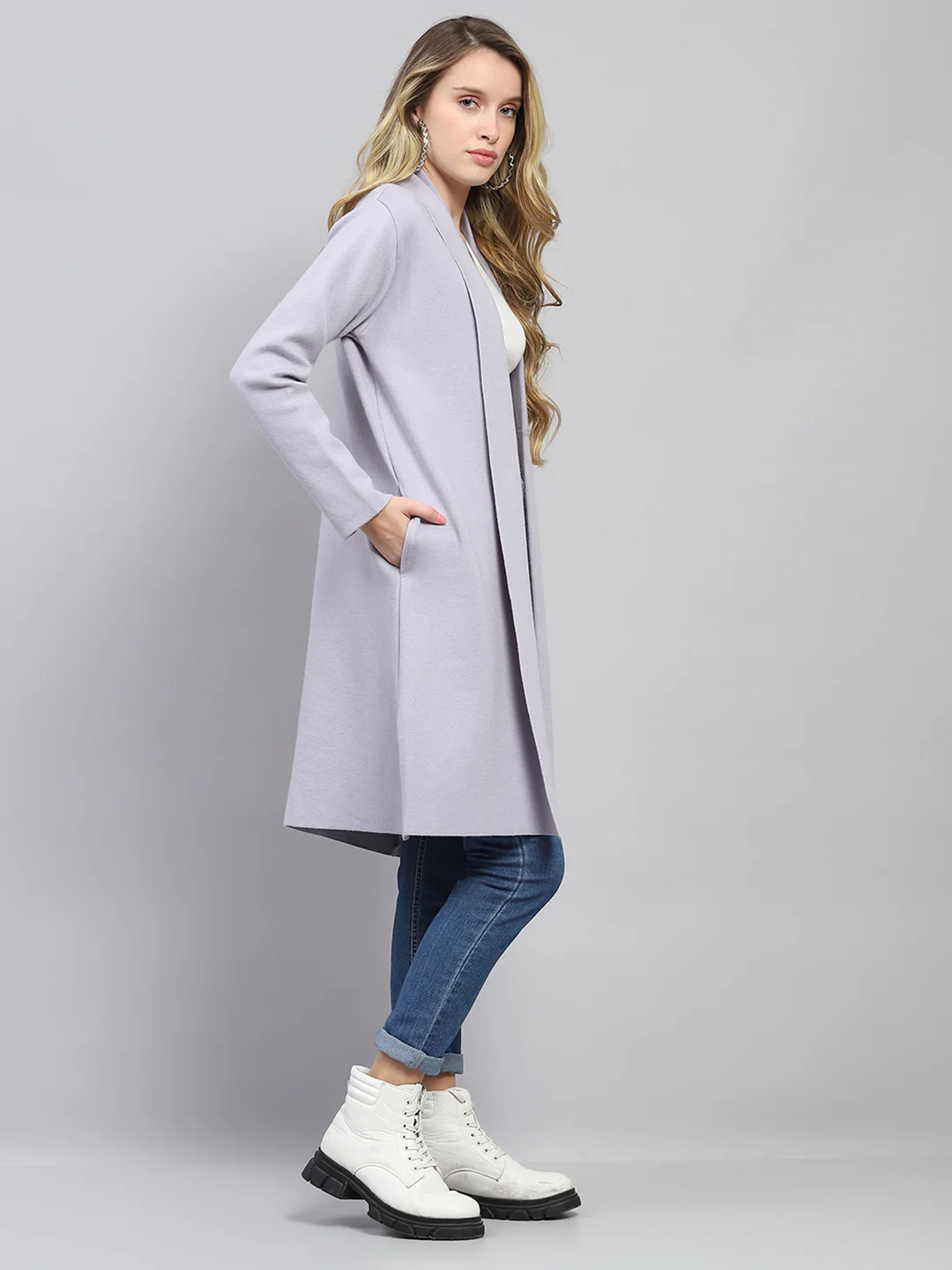 Women Grey Self Design Front Open Full Sleeve Cardigan - Image 4