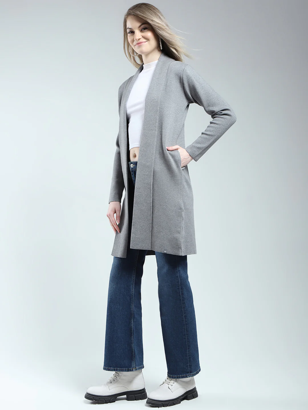 Women Grey Self Design Front Open Full Sleeve Cardigan - Image 2
