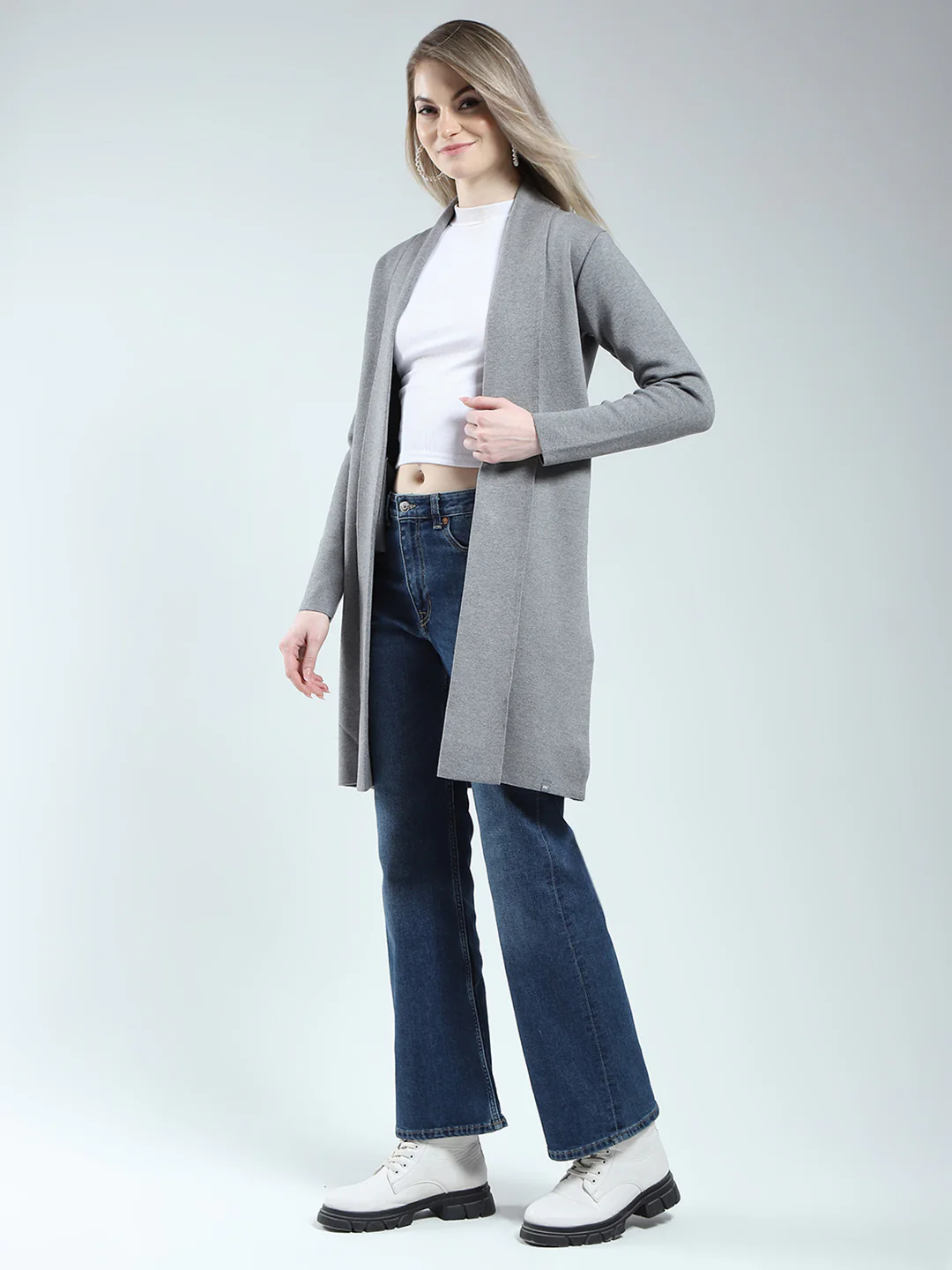 Women Grey Self Design Front Open Full Sleeve Cardigan - Image 3