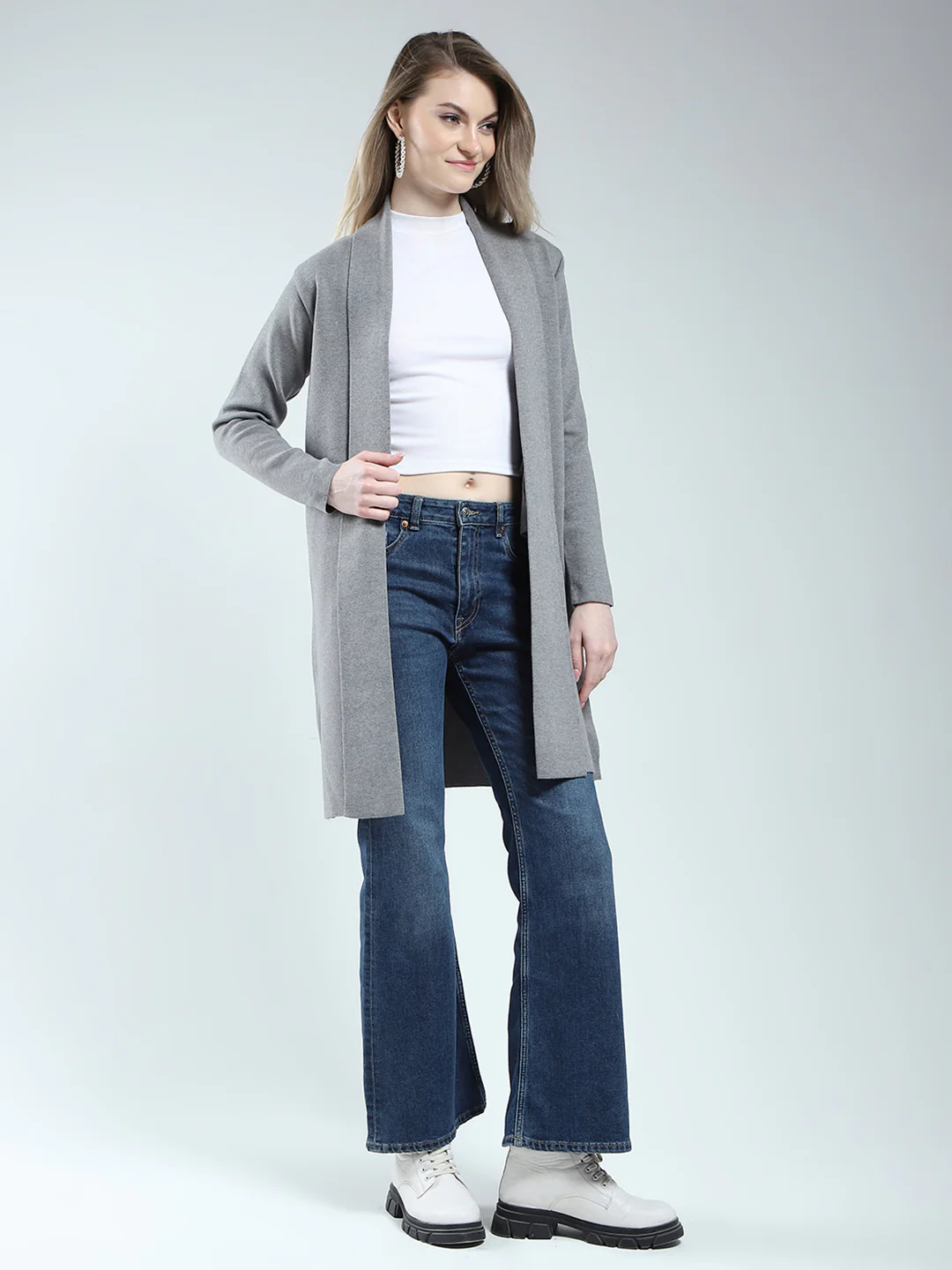 Women Grey Self Design Front Open Full Sleeve Cardigan - Image 4