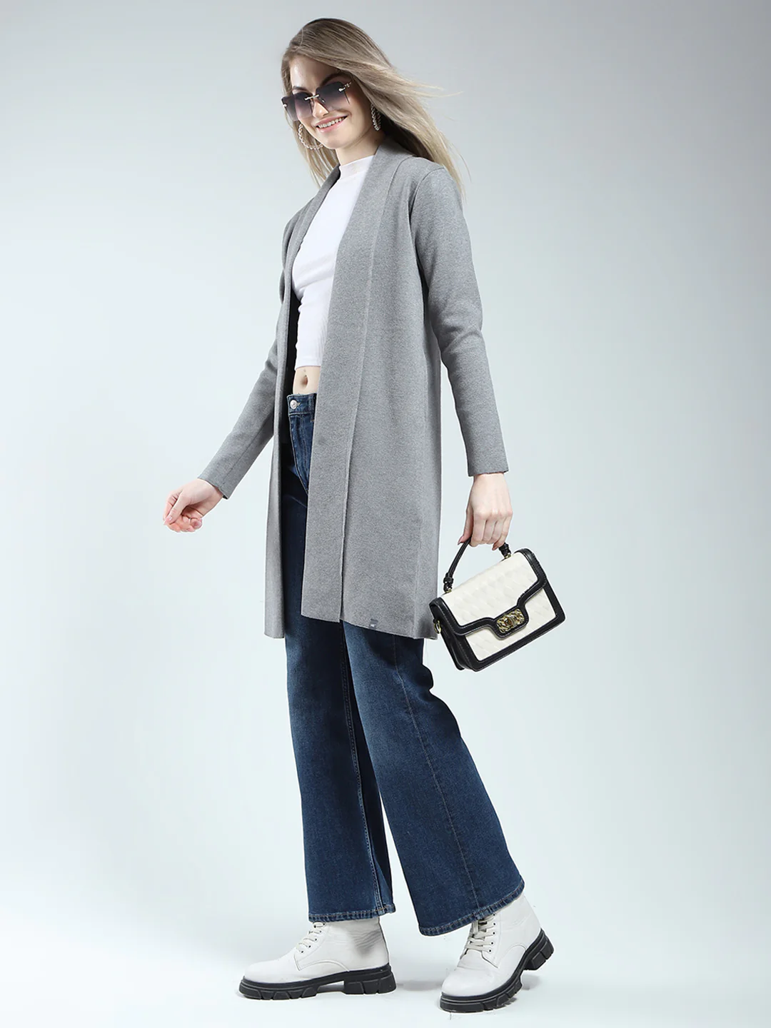 Women Grey Self Design Front Open Full Sleeve Cardigan - Image 6
