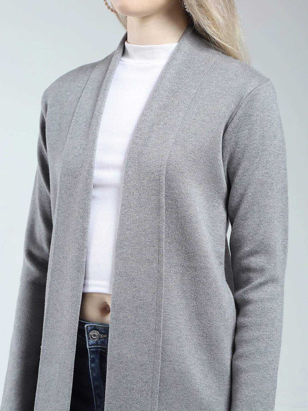 Women Grey Self Design Front Open Full Sleeve Cardigan - Image 7