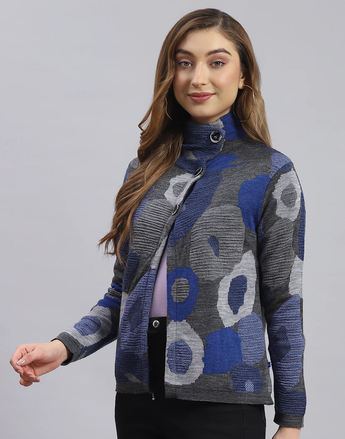 Women Grey Self Design H Neck Full Sleeve Sweater - Image 3
