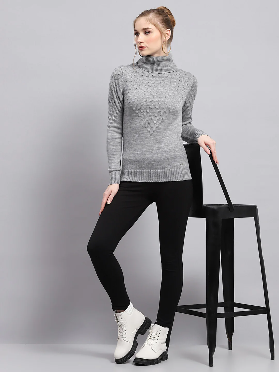 Women Grey Self Design High Neck Full Sleeve Winter Tops - Image 2
