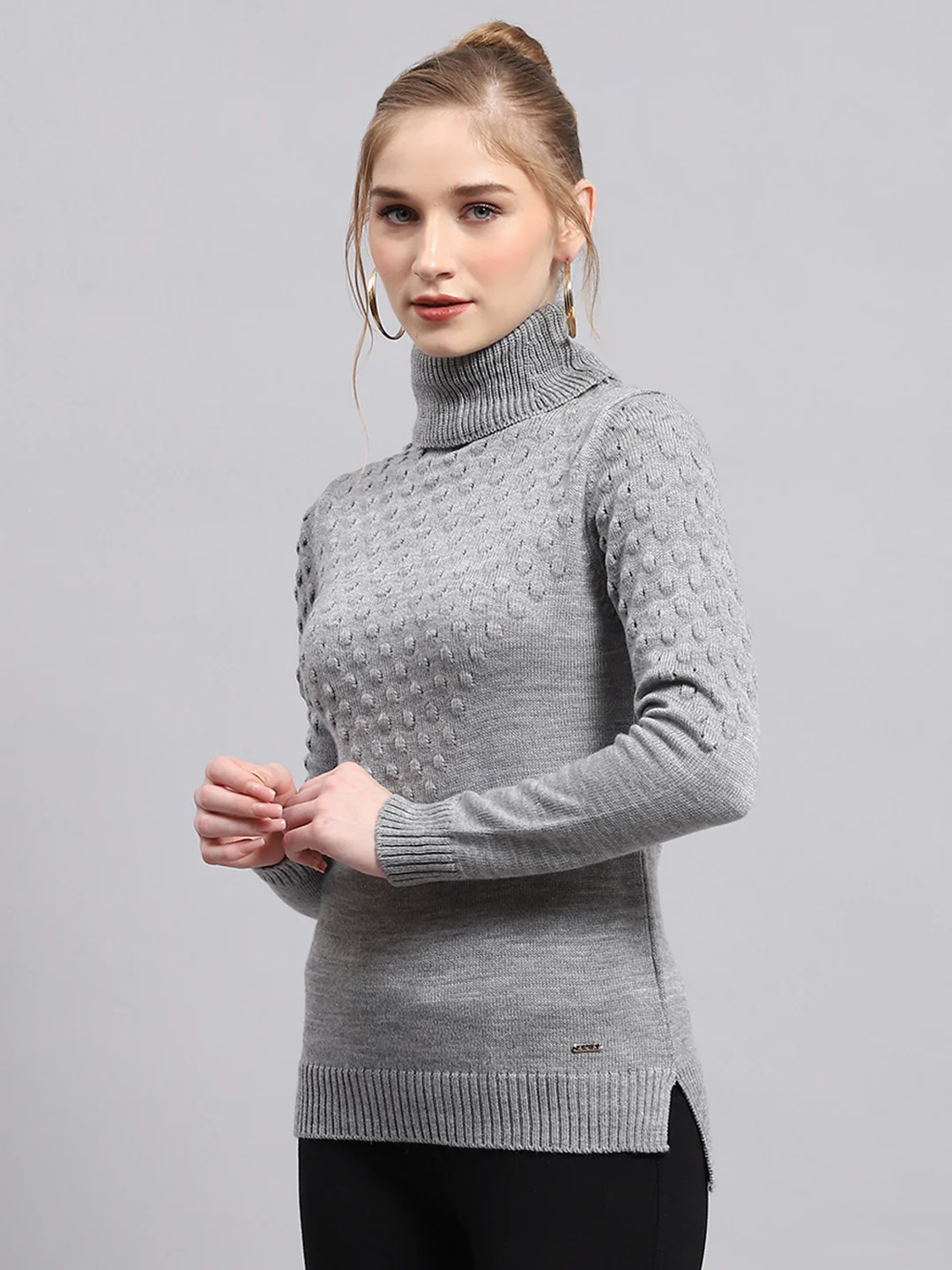 Women Grey Self Design High Neck Full Sleeve Winter Tops - Image 3