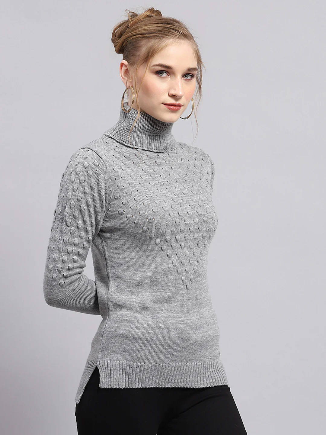 Women Grey Self Design High Neck Full Sleeve Winter Tops - Image 4