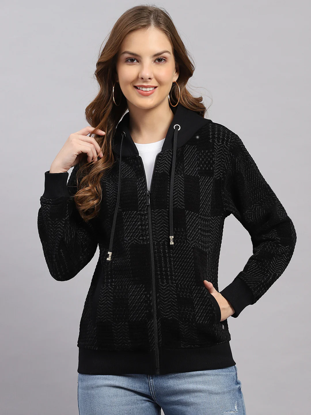 Women Grey Self Design Hooded Full Sleeve Sweatshirt