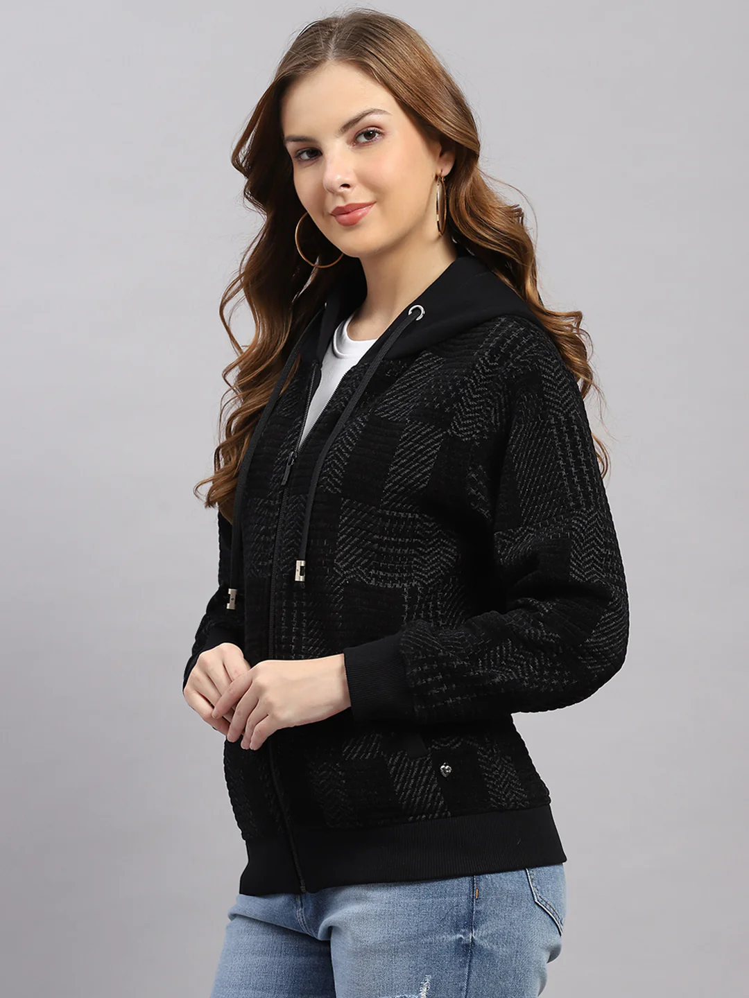 Women Grey Self Design Hooded Full Sleeve Sweatshirt - Image 3