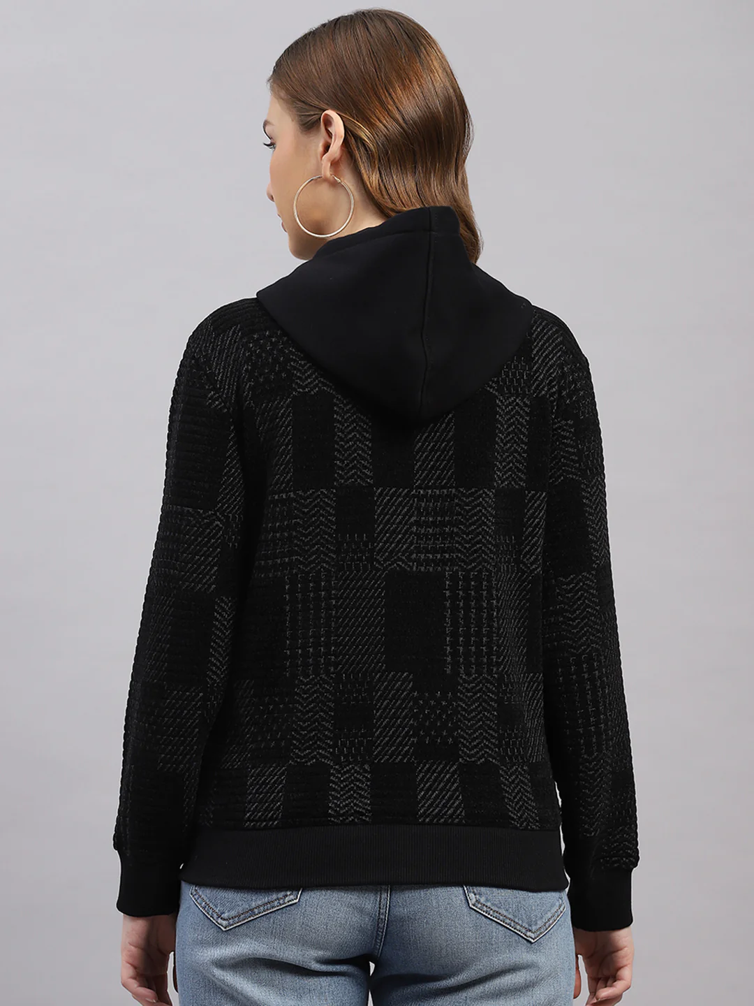 Women Grey Self Design Hooded Full Sleeve Sweatshirt - Image 5