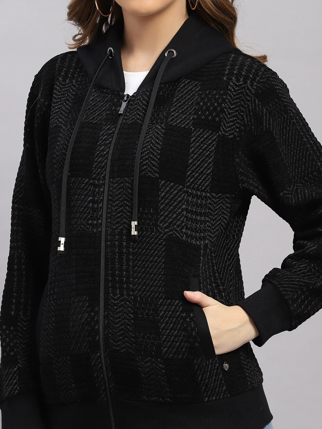 Women Grey Self Design Hooded Full Sleeve Sweatshirt - Image 6