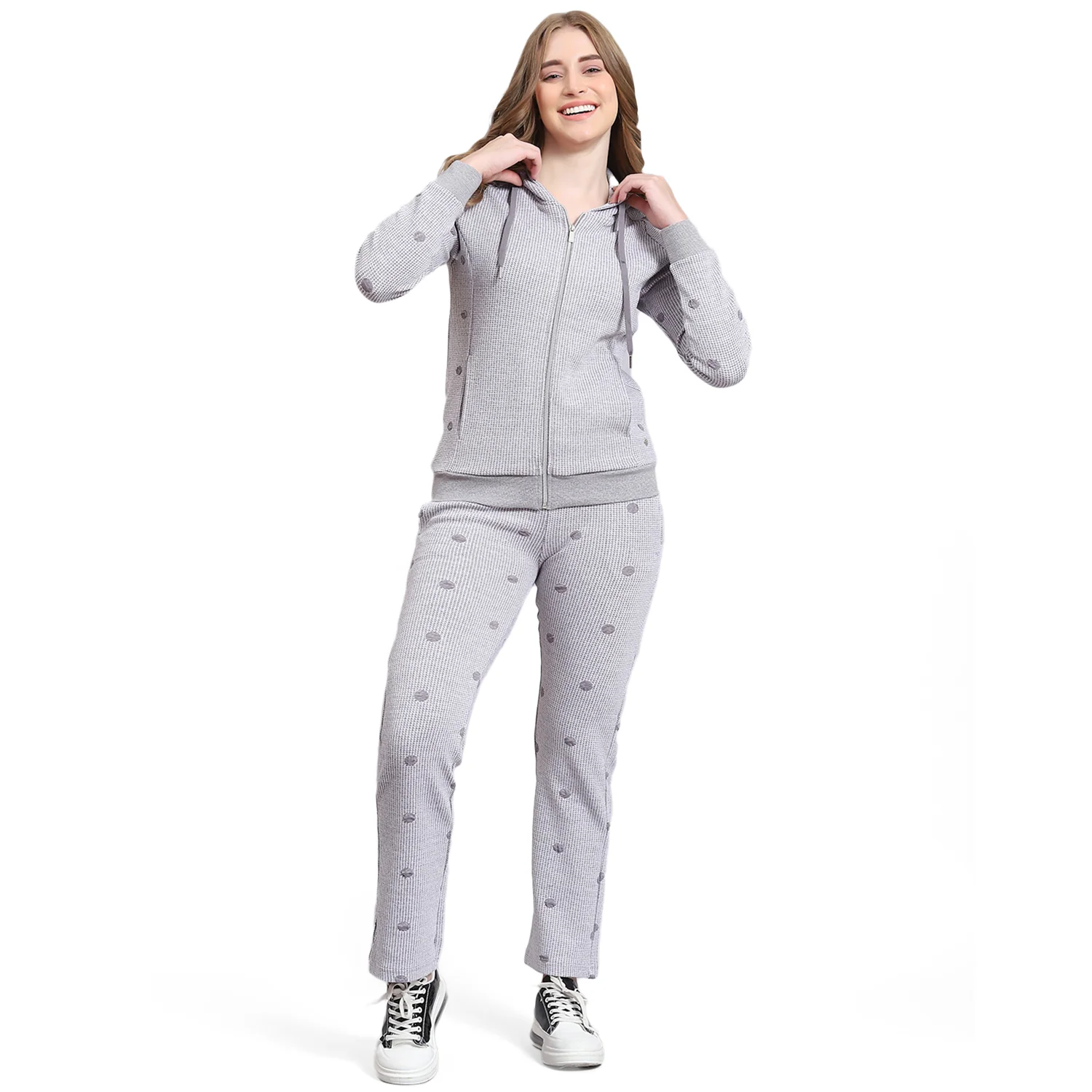 Women Grey Self Design Hooded Full Sleeve Tracksuit - Image 6