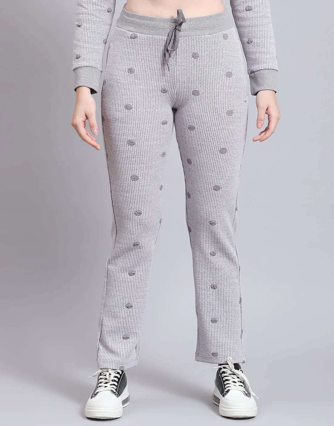 Women Grey Self Design Hooded Full Sleeve Tracksuit - Image 9