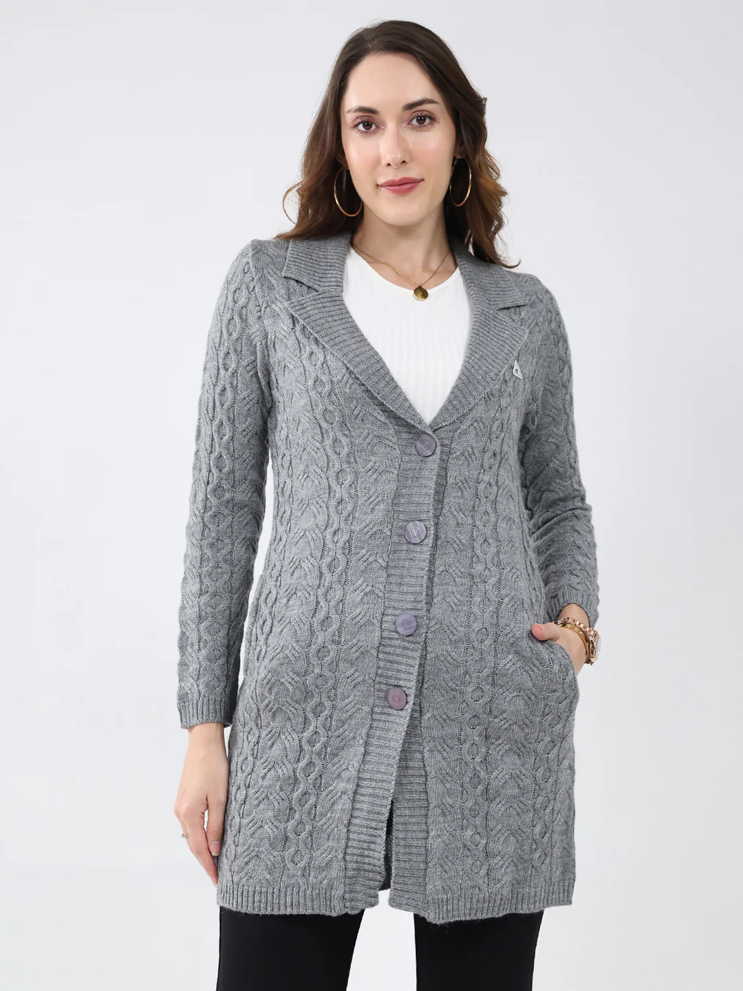 Women Grey Self Design Notch Lapel Collar Full Sleeve Cardigan