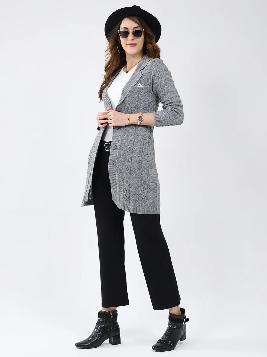 Women Grey Self Design Notch Lapel Collar Full Sleeve Cardigan - Image 2