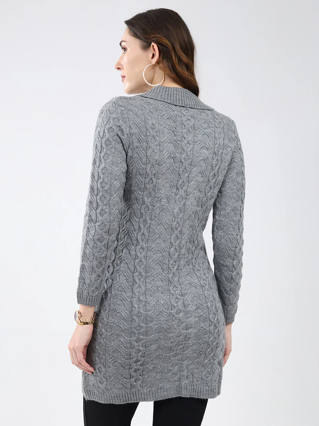 Women Grey Self Design Notch Lapel Collar Full Sleeve Cardigan - Image 5