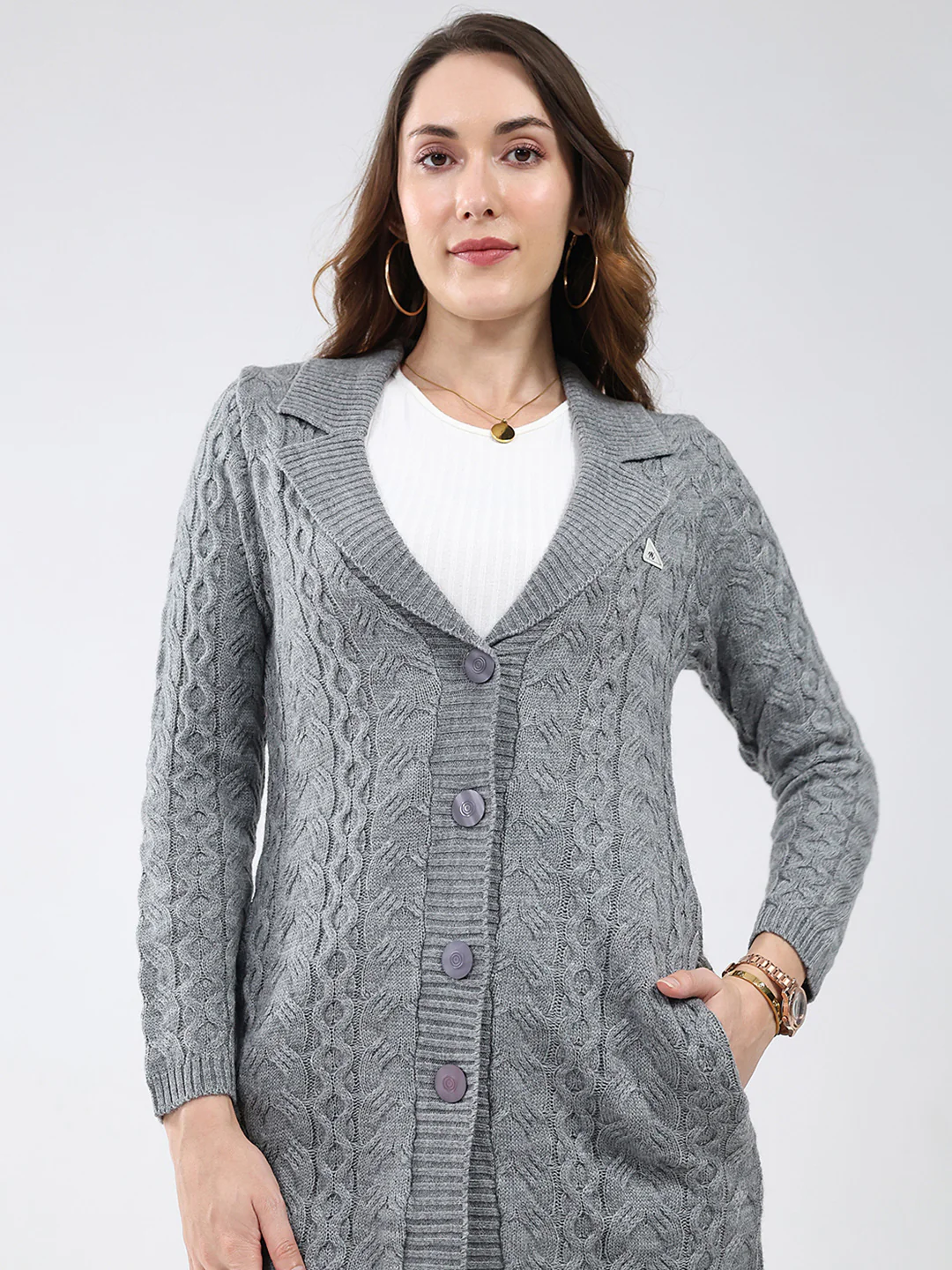 Women Grey Self Design Notch Lapel Collar Full Sleeve Cardigan - Image 7