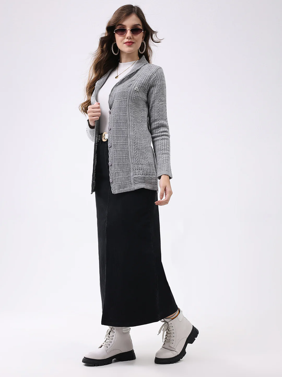 Women Grey Self Design Notch Lapel Collar Full Sleeve Cardigan - Image 2