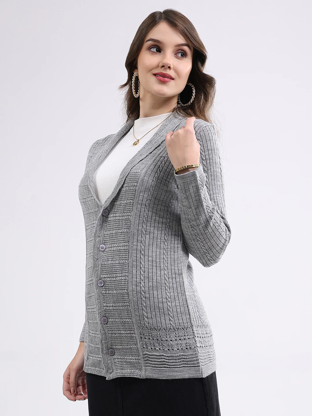 Women Grey Self Design Notch Lapel Collar Full Sleeve Cardigan - Image 3