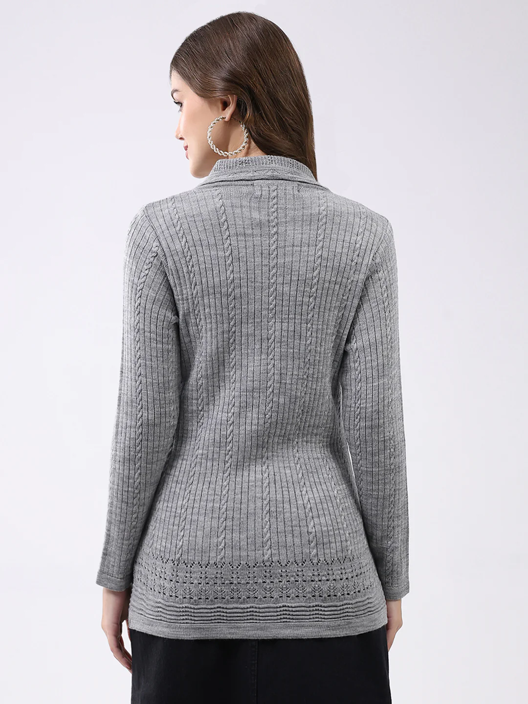 Women Grey Self Design Notch Lapel Collar Full Sleeve Cardigan - Image 5