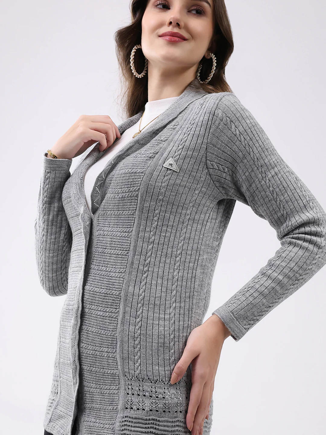 Women Grey Self Design Notch Lapel Collar Full Sleeve Cardigan - Image 7