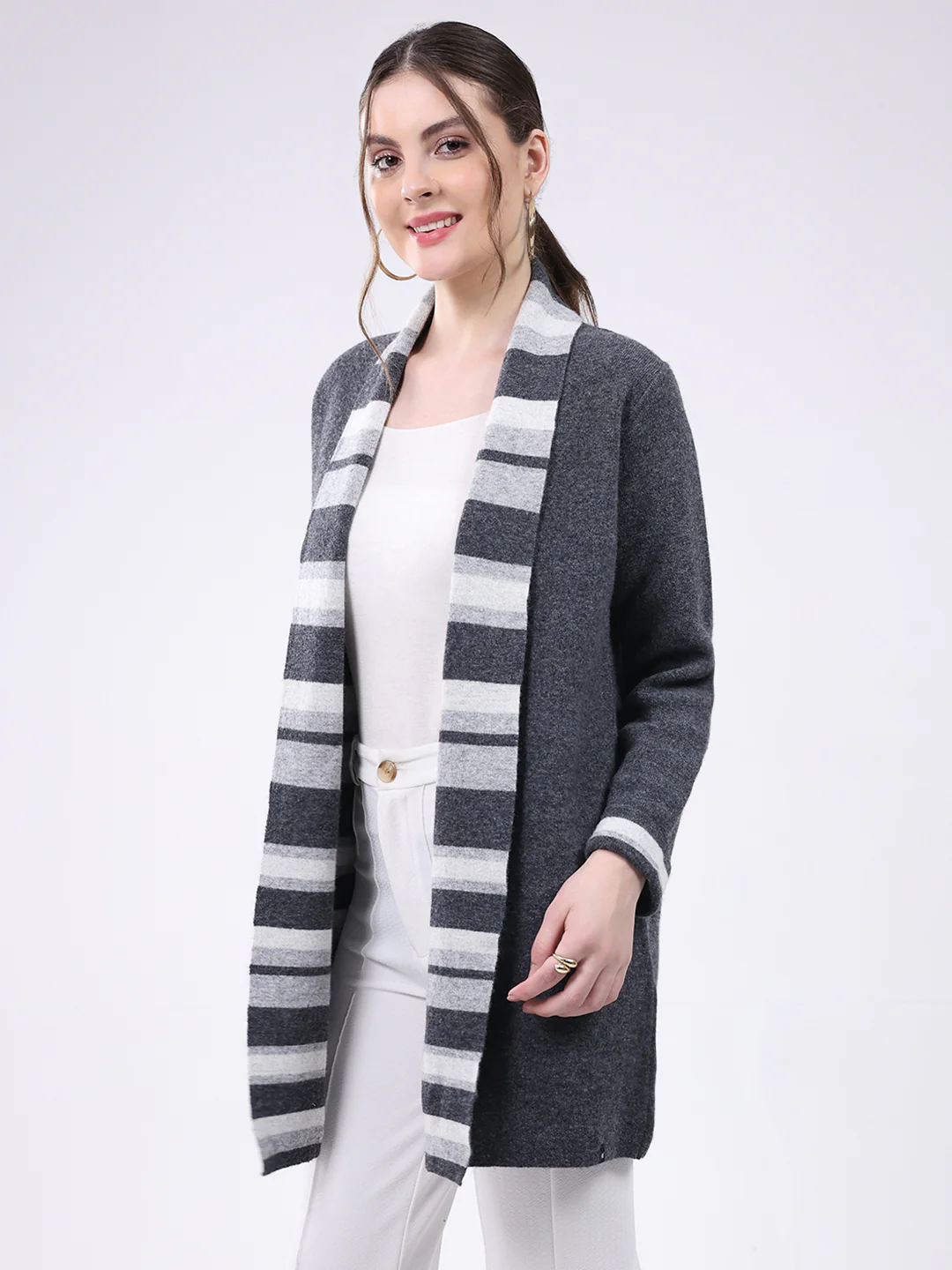 Women Grey Self Design Notch Lapel Collar Full Sleeve Cardigan - Image 3