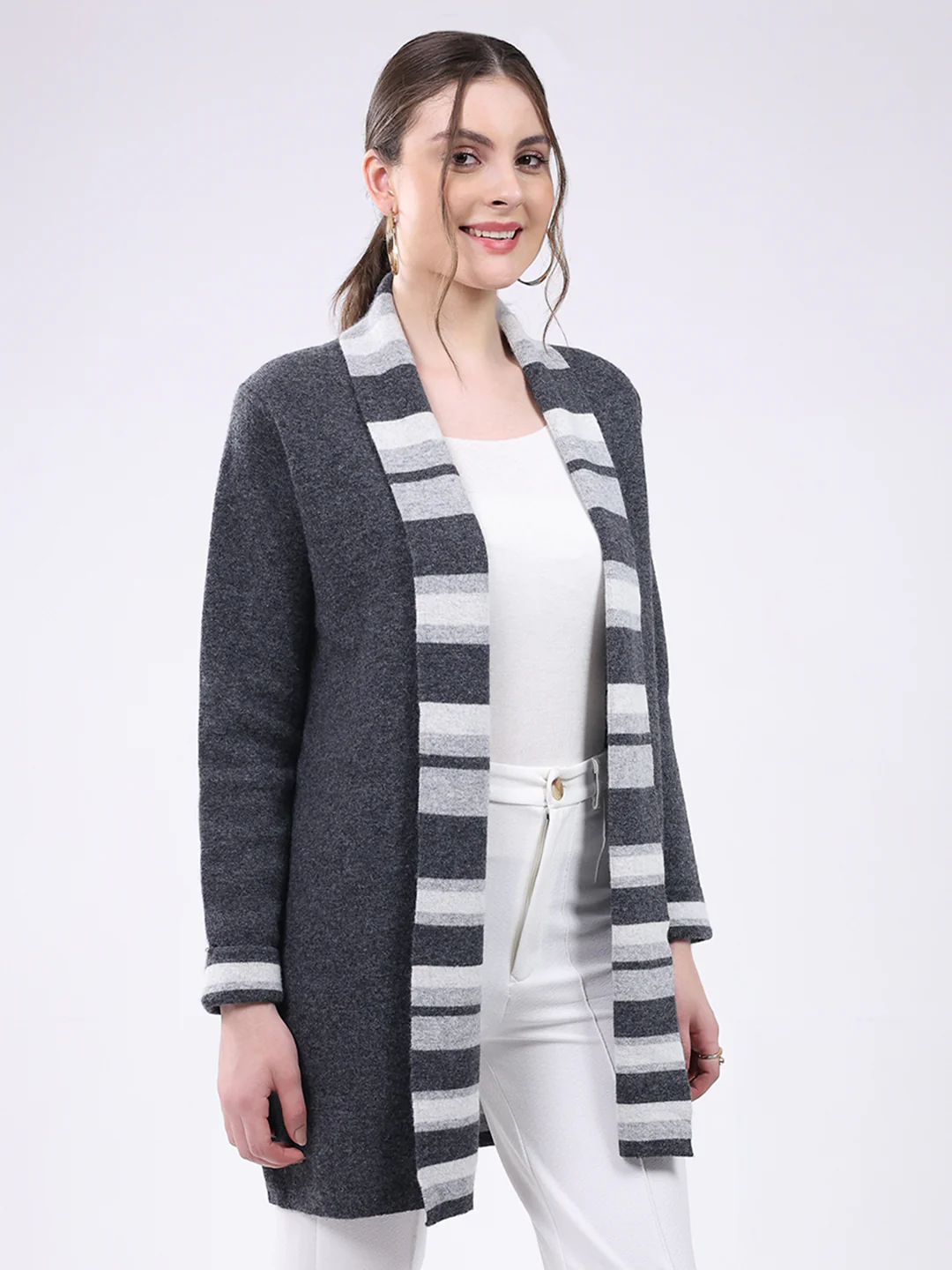 Women Grey Self Design Notch Lapel Collar Full Sleeve Cardigan - Image 4
