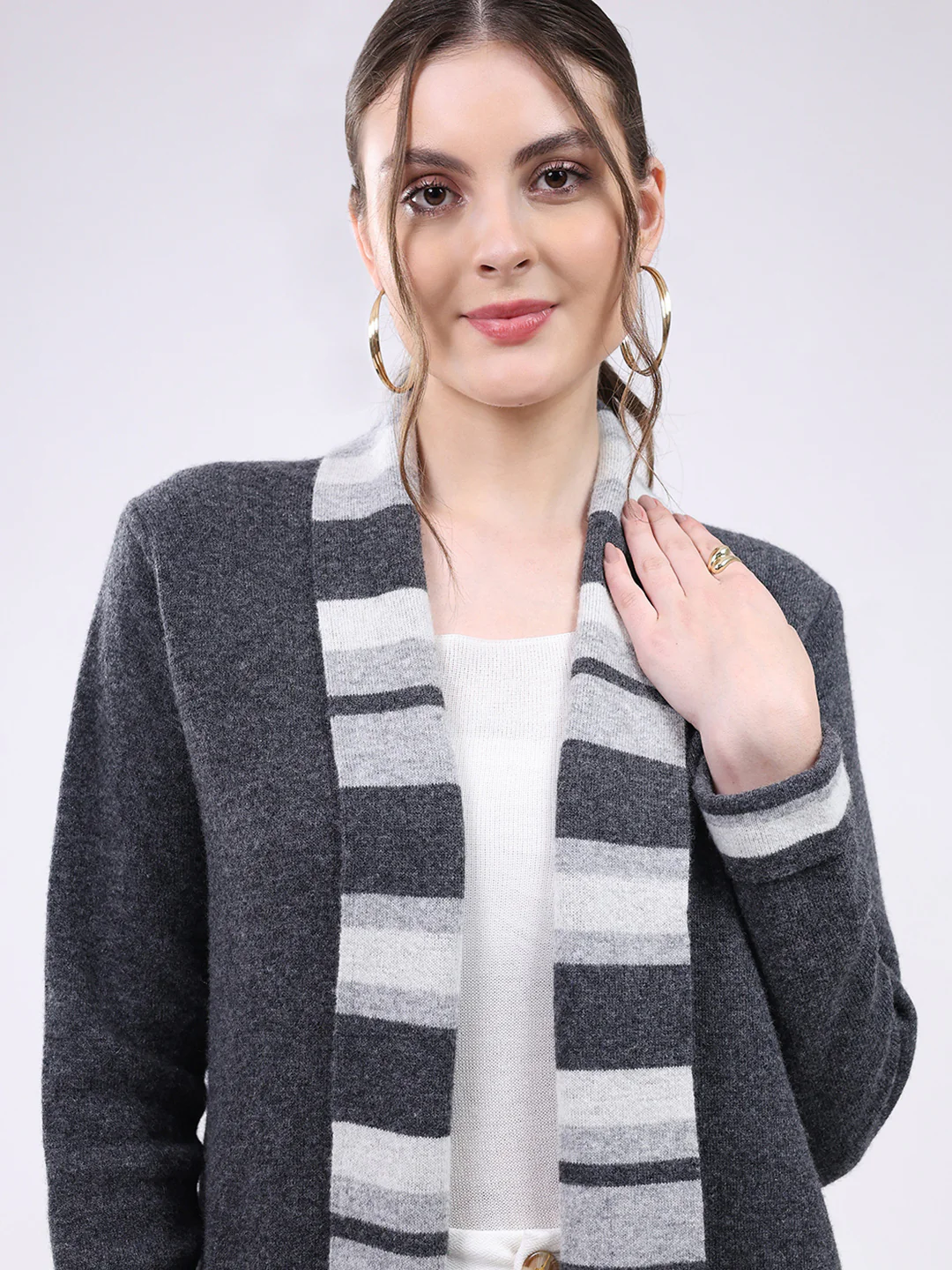 Women Grey Self Design Notch Lapel Collar Full Sleeve Cardigan - Image 7