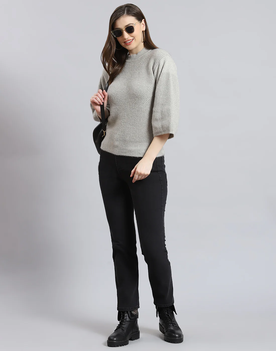 Women Grey Self Design Round Neck 3/4th Sleeve Sweater