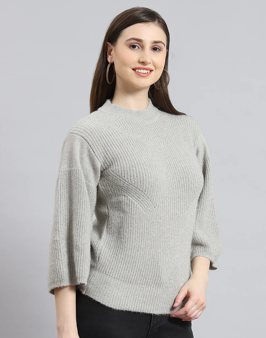 Women Grey Self Design Round Neck 3/4th Sleeve Sweater - Image 4