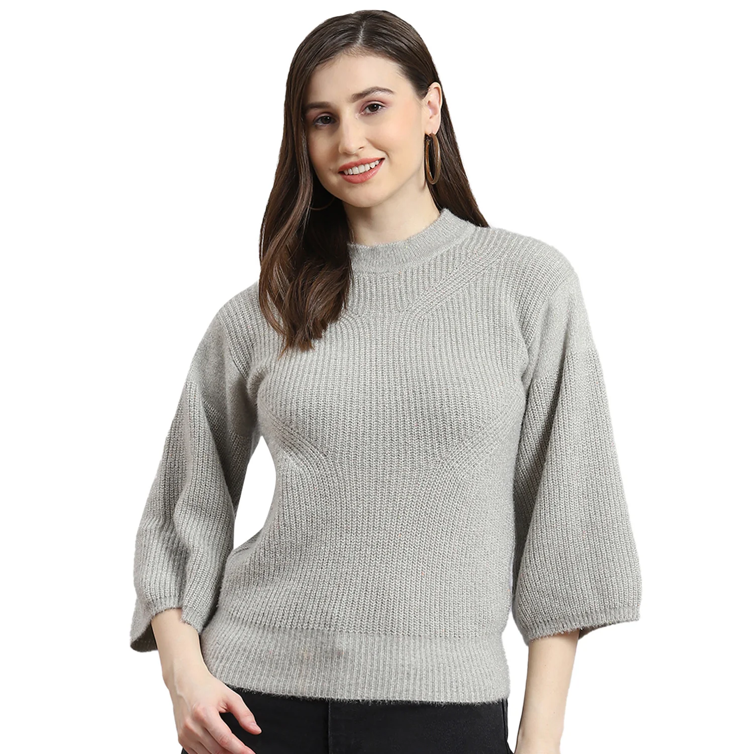 Women Grey Self Design Round Neck 3/4th Sleeve Sweater - Image 5