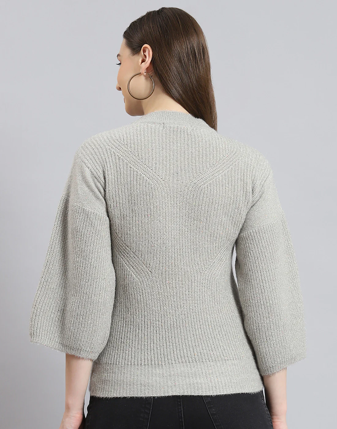 Women Grey Self Design Round Neck 3/4th Sleeve Sweater - Image 6