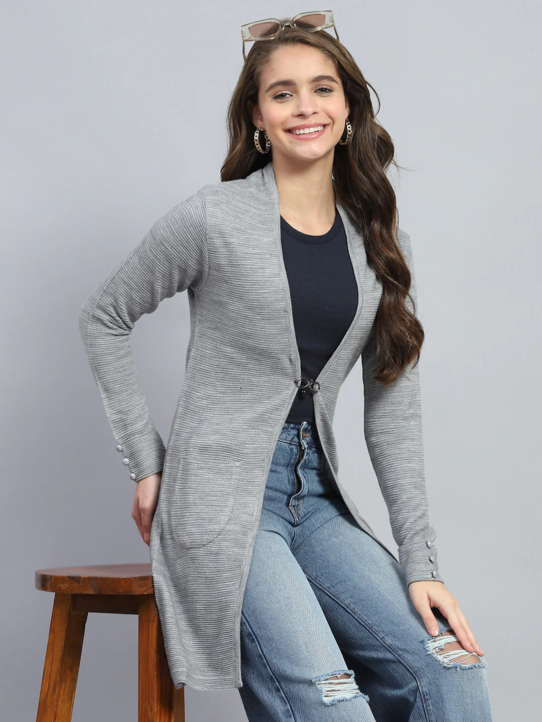 Women Grey Self Design Round Neck Full Sleeve Cardigan - Image 6
