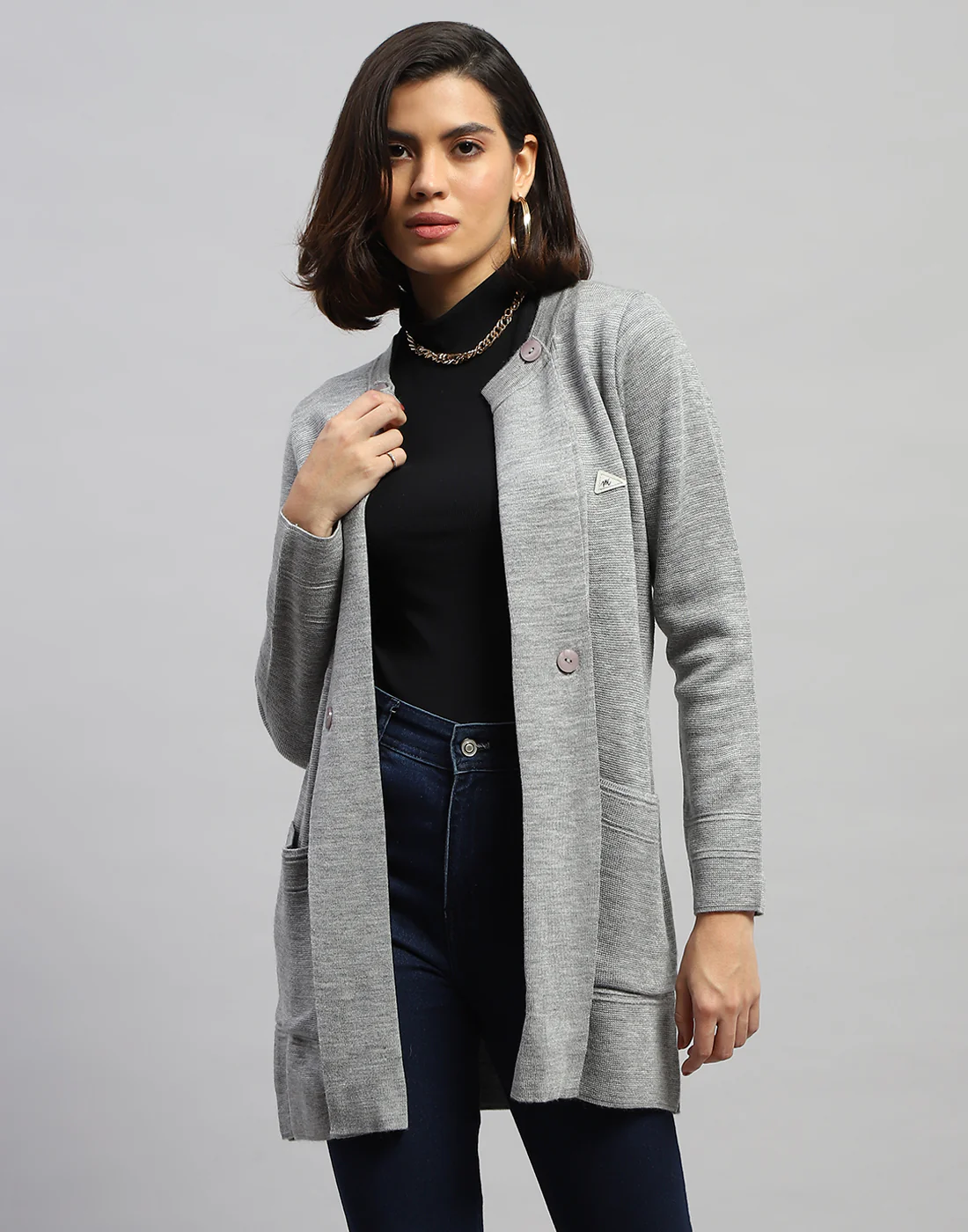 Women Grey Self Design Round Neck Full Sleeve Cardigan - Image 2