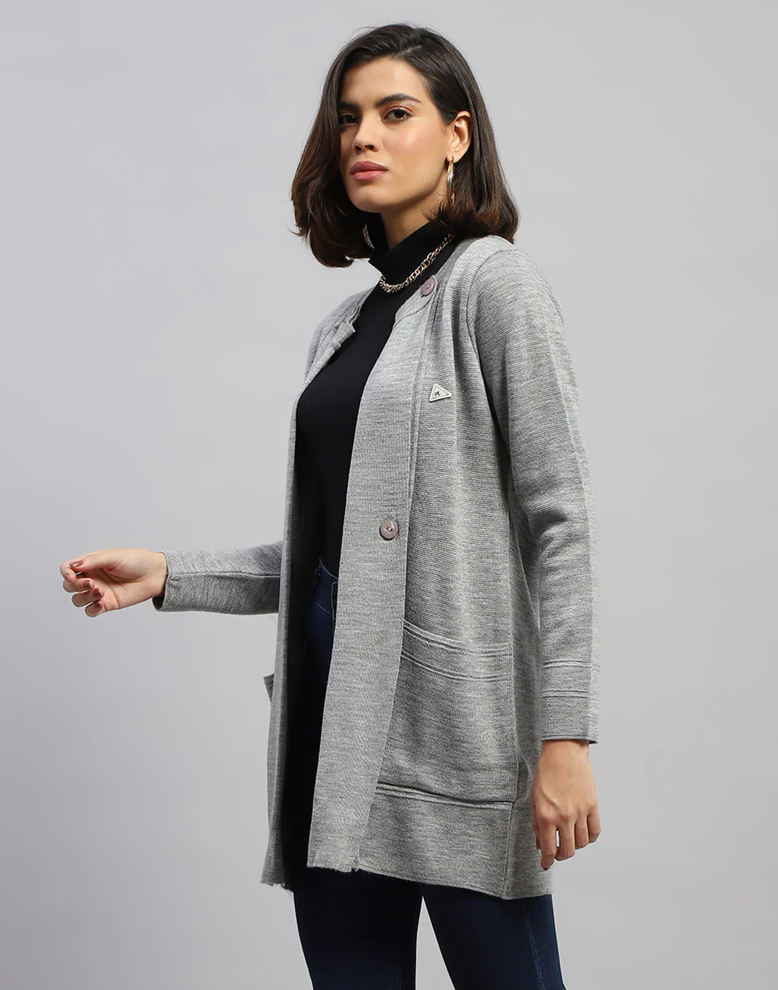 Women Grey Self Design Round Neck Full Sleeve Cardigan - Image 3