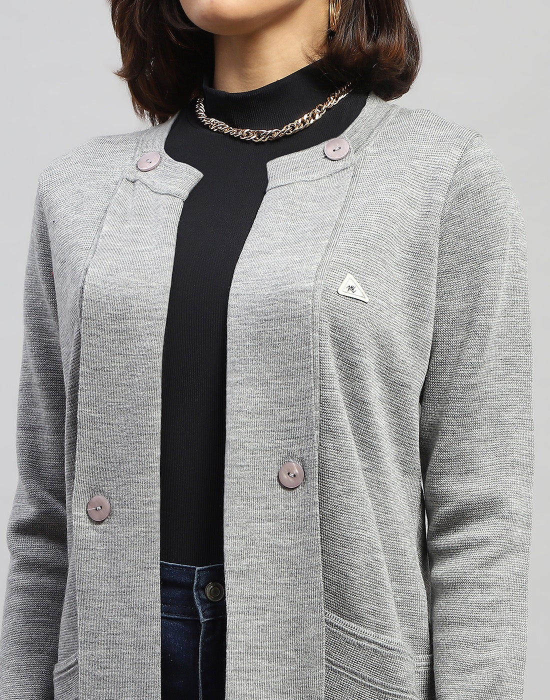 Women Grey Self Design Round Neck Full Sleeve Cardigan - Image 7