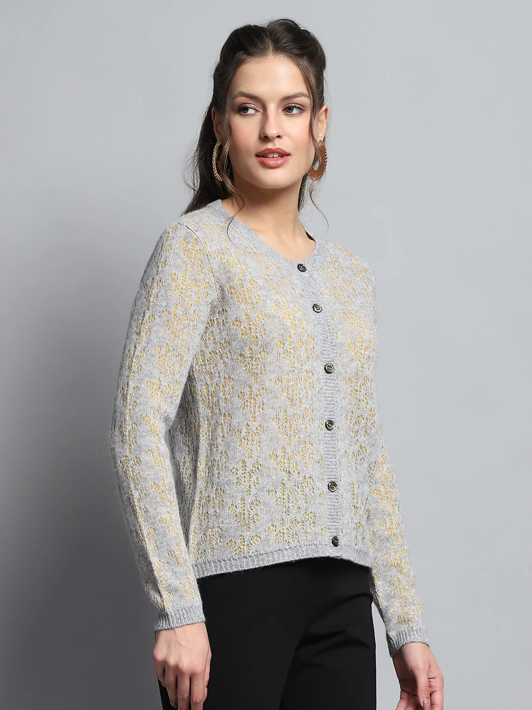 Women Grey Self Design Round Neck Full Sleeve Cardigan - Image 4