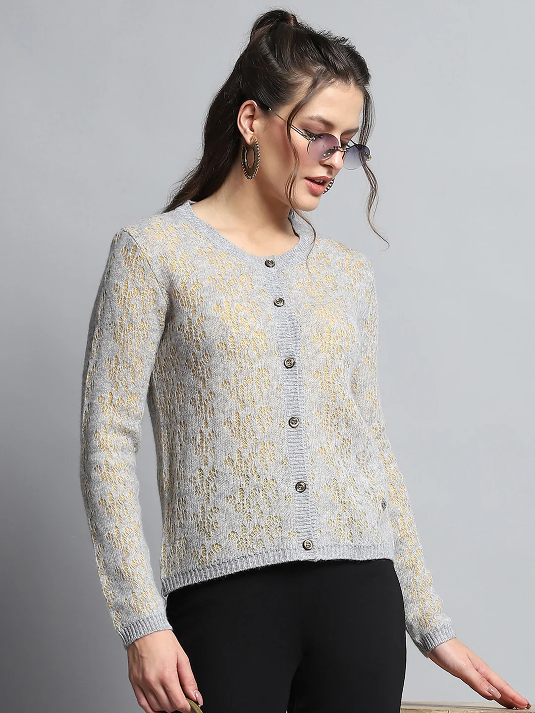 Women Grey Self Design Round Neck Full Sleeve Cardigan - Image 6
