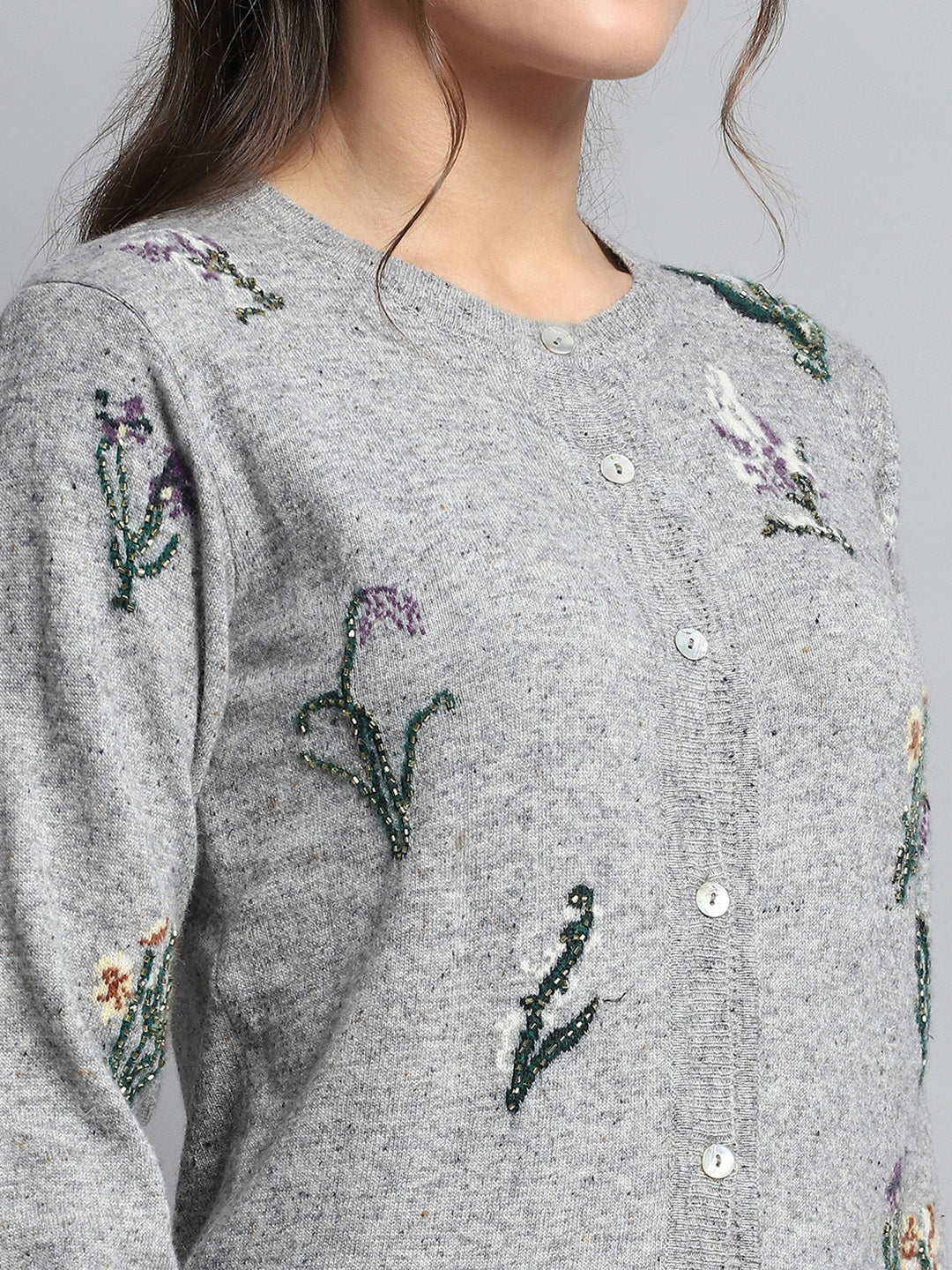 Women Grey Self Design Round Neck Full Sleeve Cardigan - Image 6