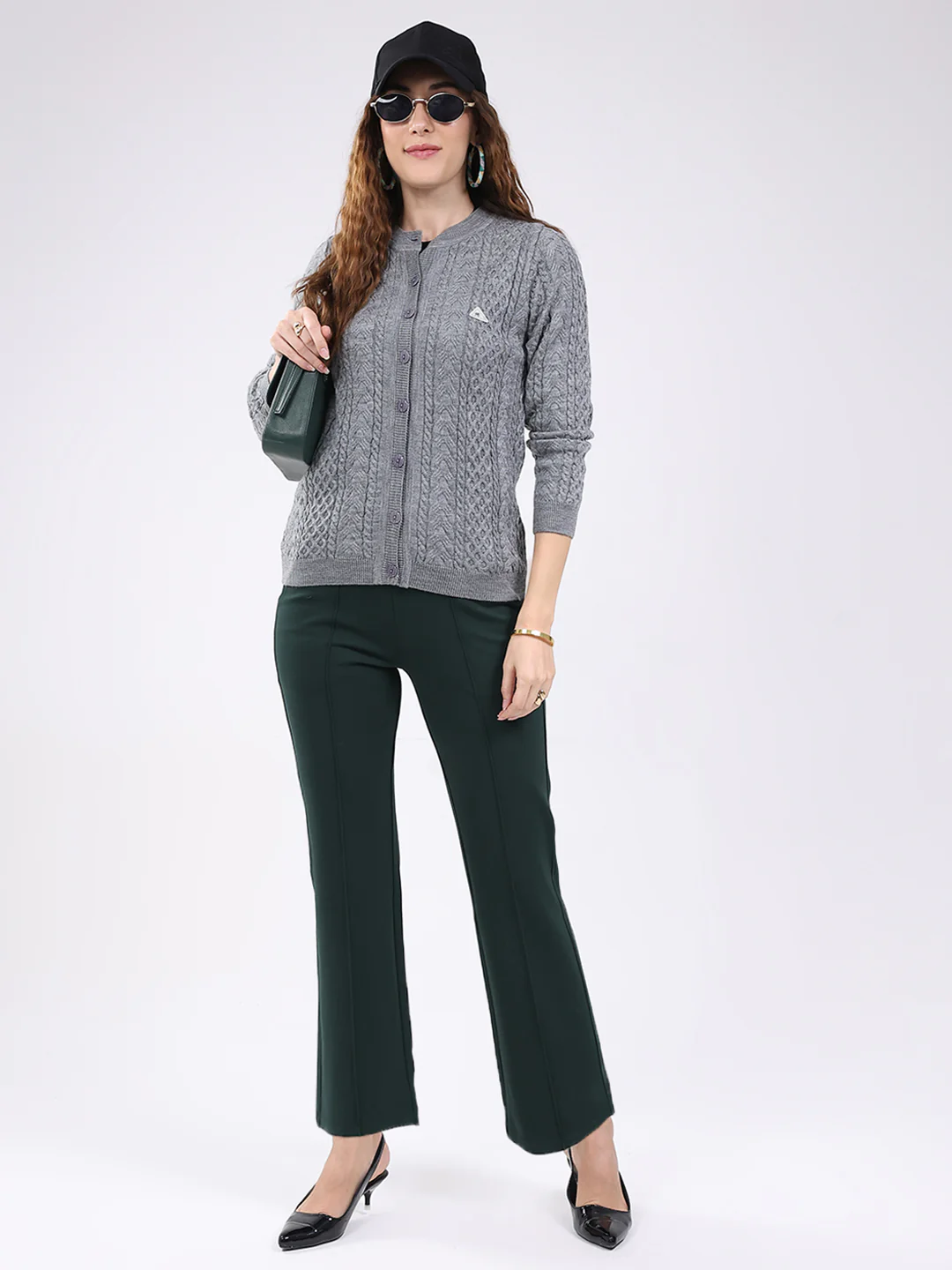 Women Grey Self Design Round Neck Full Sleeve Cardigan - Image 2