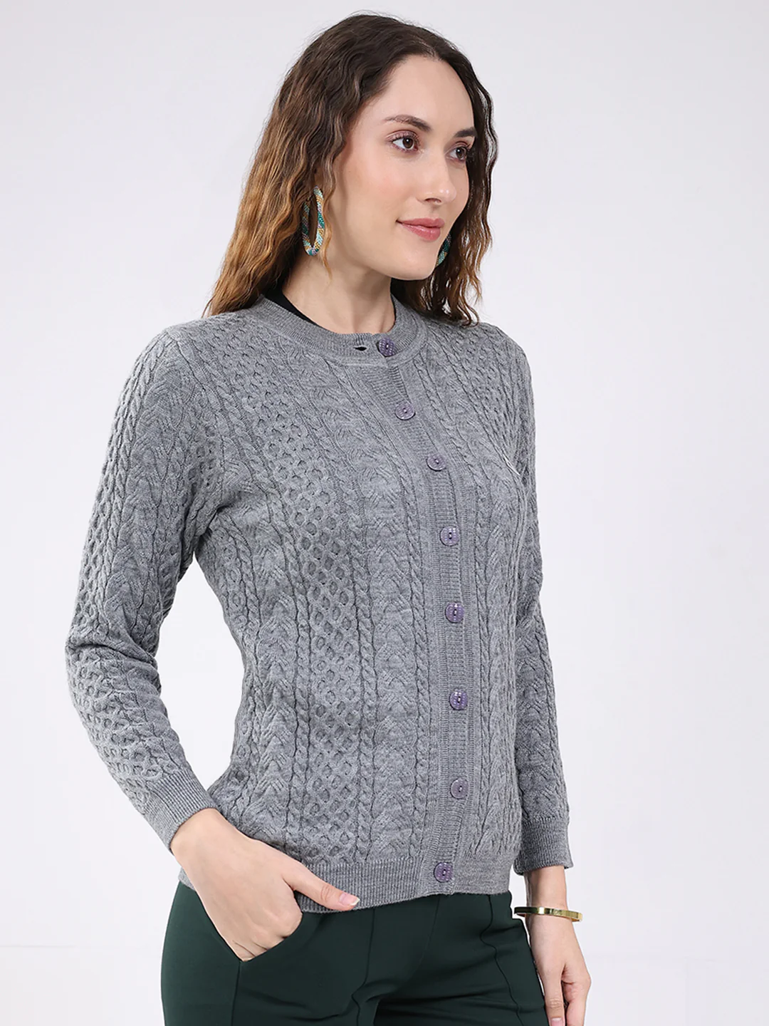Women Grey Self Design Round Neck Full Sleeve Cardigan - Image 4