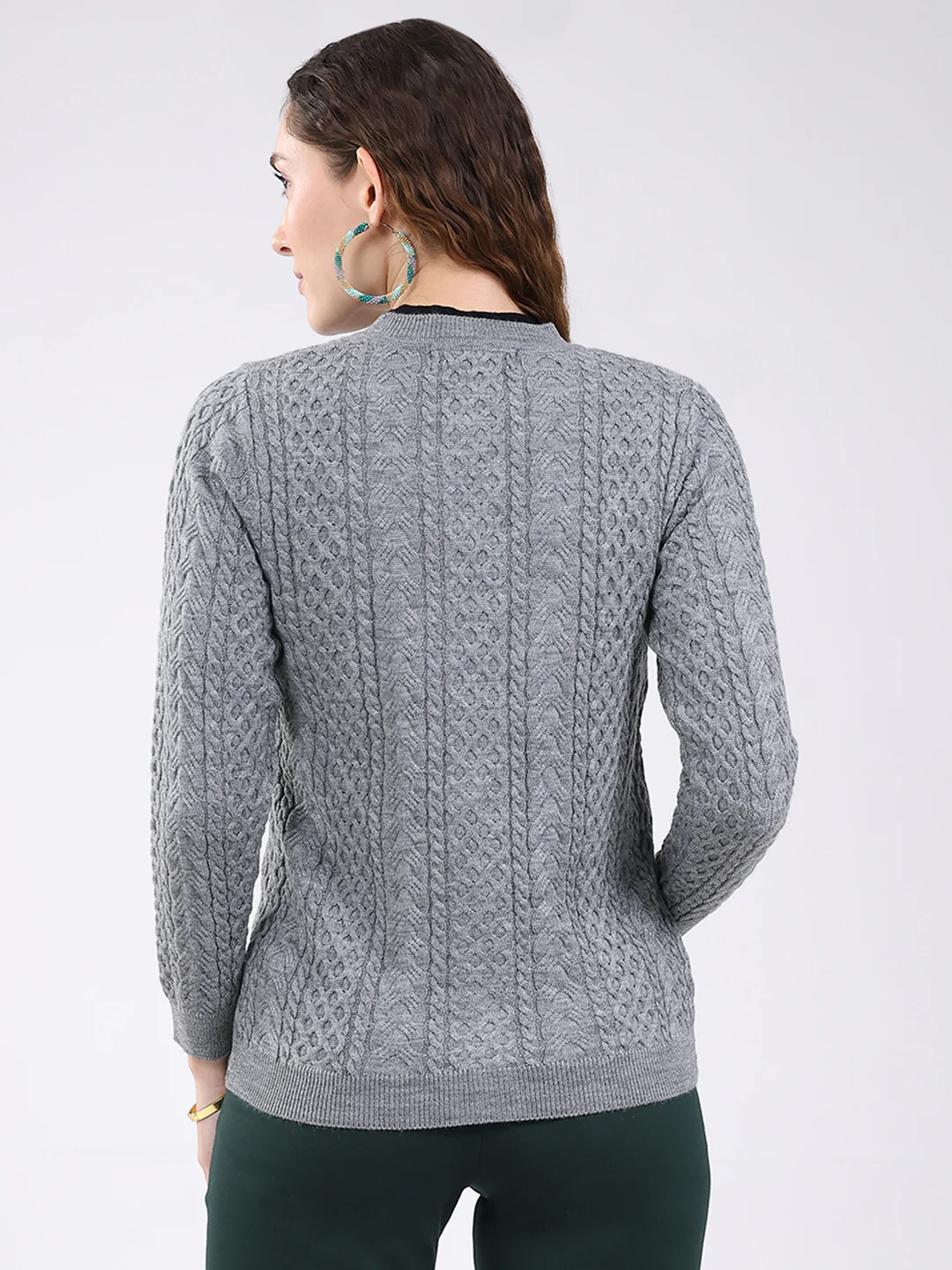 Women Grey Self Design Round Neck Full Sleeve Cardigan - Image 5