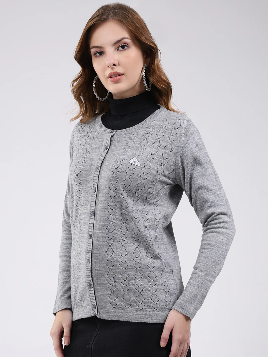 Women Grey Self Design Round Neck Full Sleeve Cardigan - Image 3