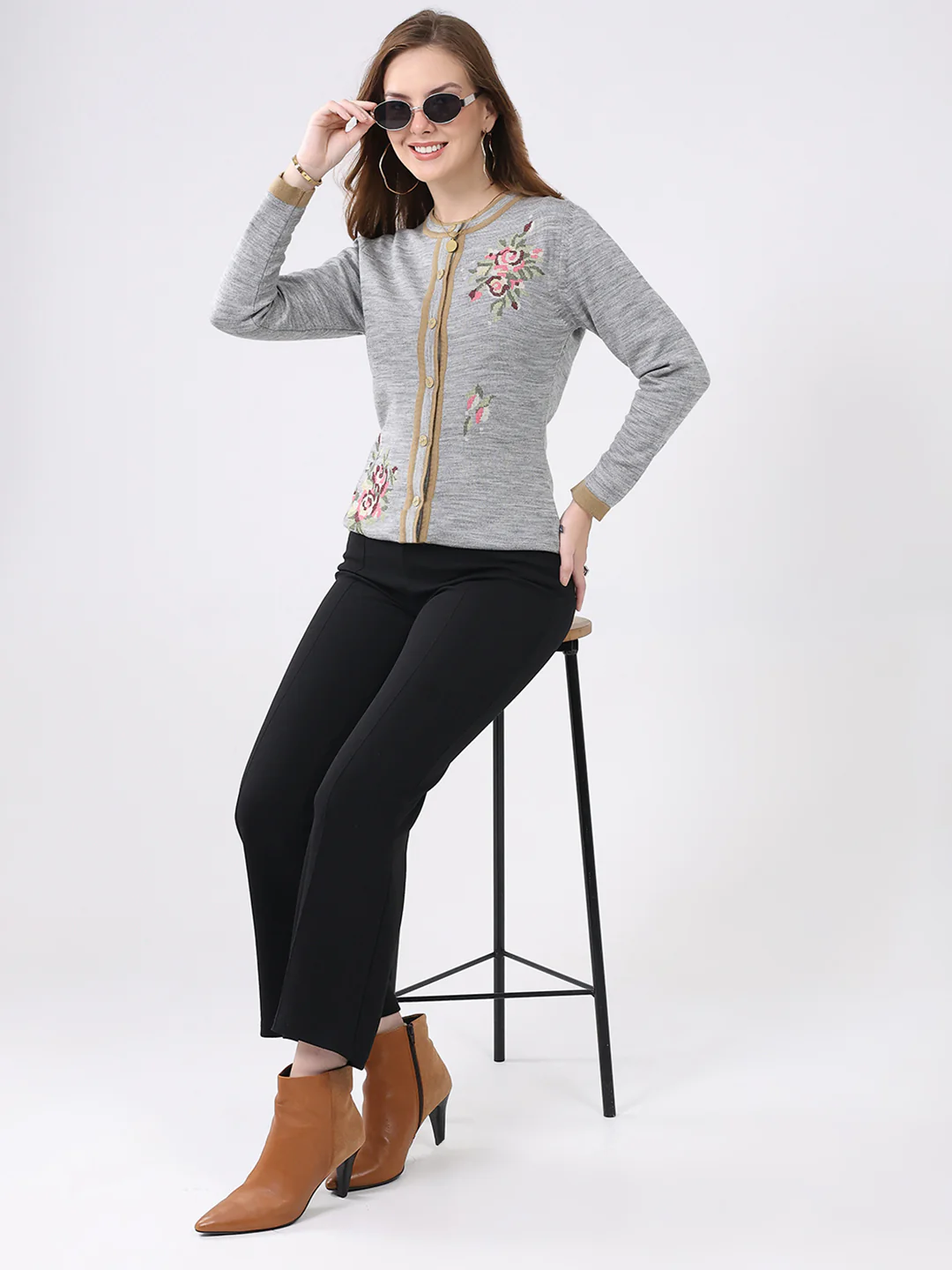 Women Grey Self Design Round Neck Full Sleeve Cardigan - Image 2