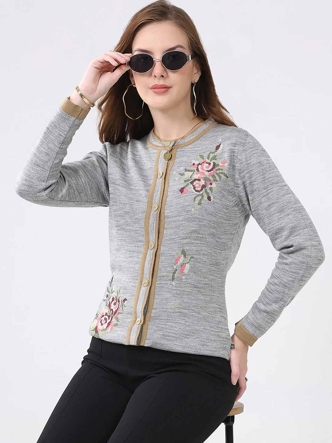 Women Grey Self Design Round Neck Full Sleeve Cardigan - Image 6