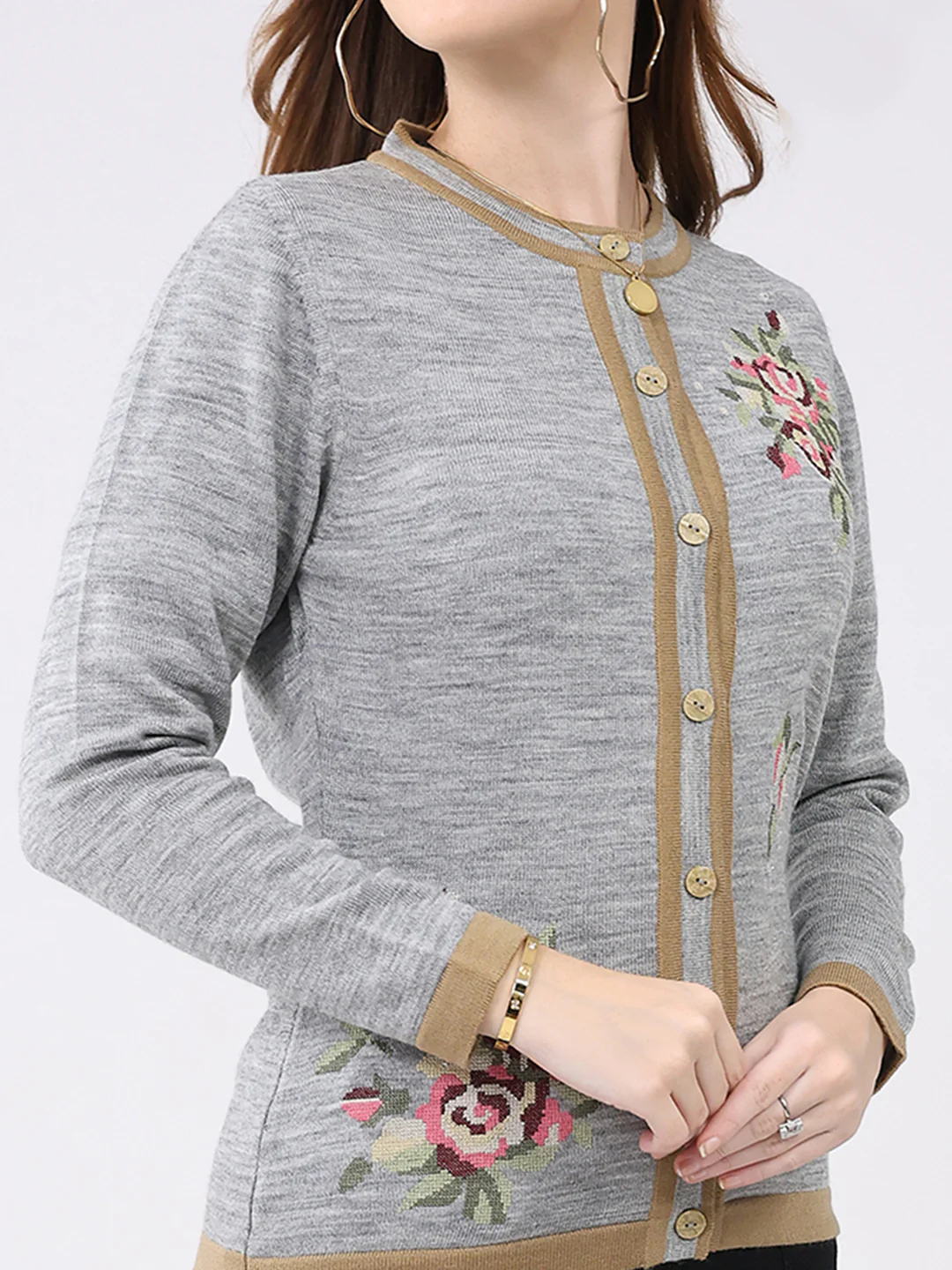 Women Grey Self Design Round Neck Full Sleeve Cardigan - Image 8