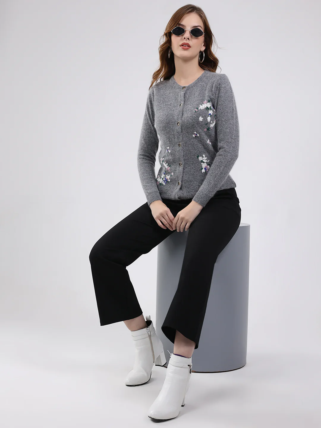 Women Grey Self Design Round Neck Full Sleeve Cardigan - Image 2