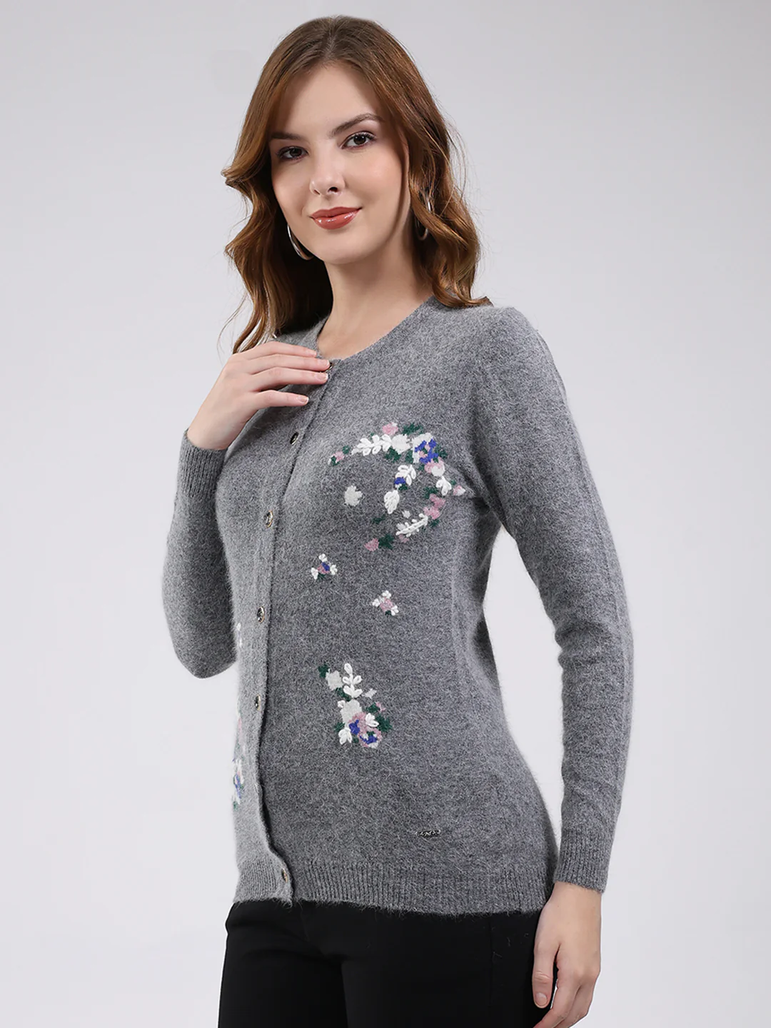 Women Grey Self Design Round Neck Full Sleeve Cardigan - Image 3
