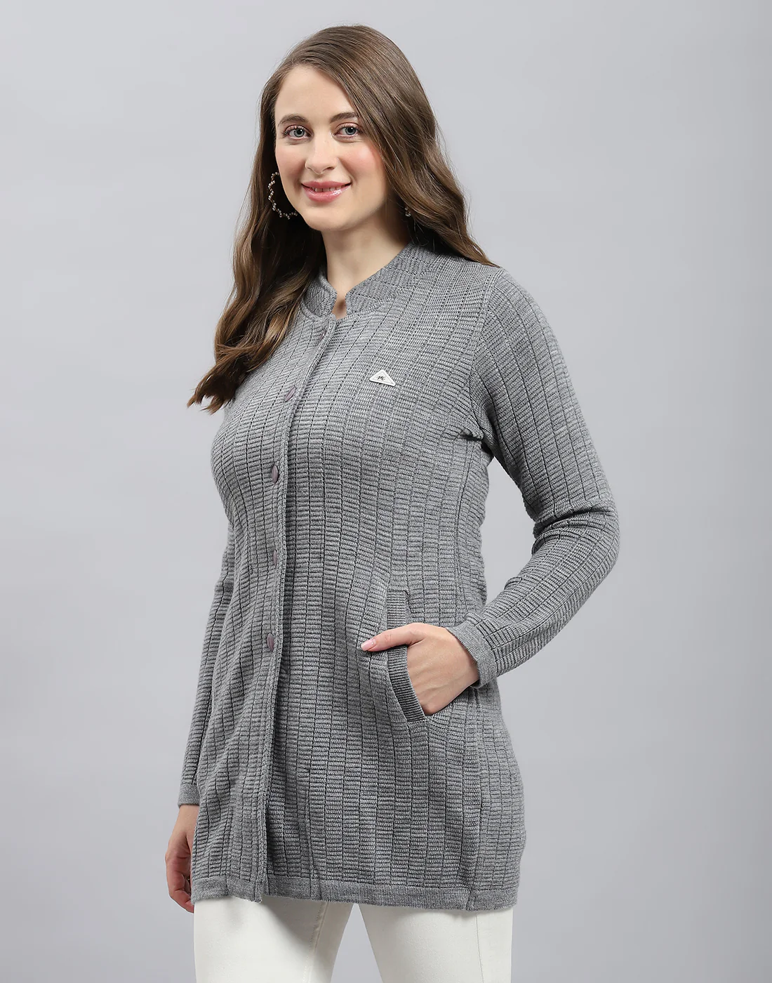 Women Grey Self Design Round Neck Full Sleeve Knitted coat - Image 3