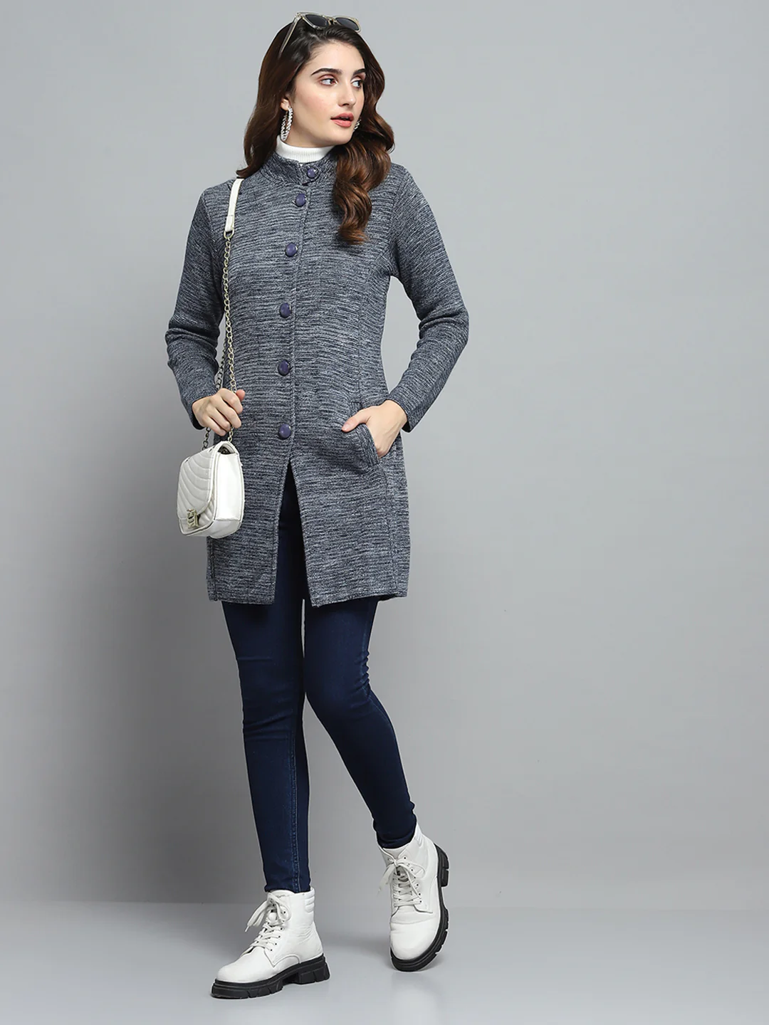 Women Grey Self Design Round Neck Full Sleeve Knitted Coat - Image 2