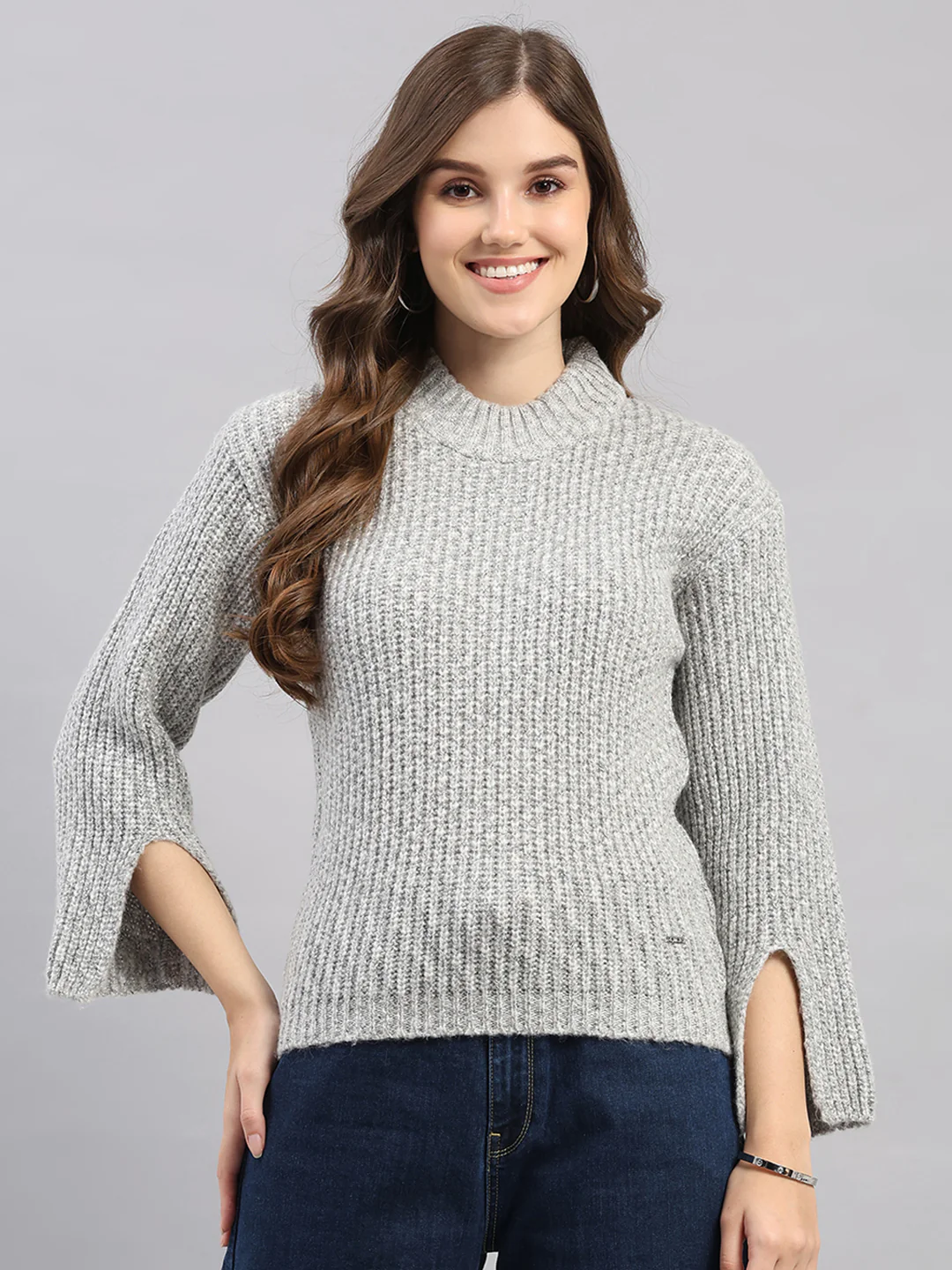 Women Grey Self Design Round Neck Full Sleeve Winter Top